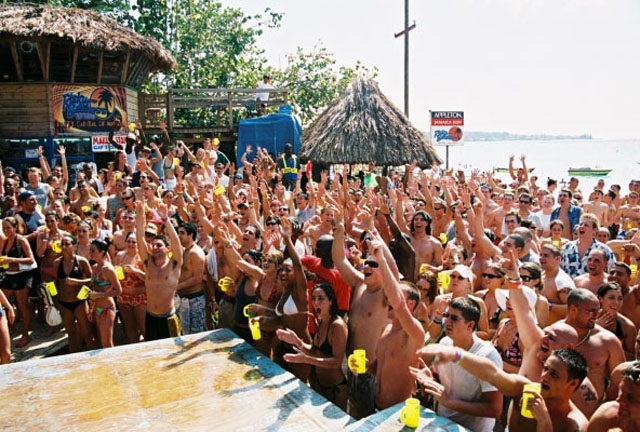 Large crowd partying around stage